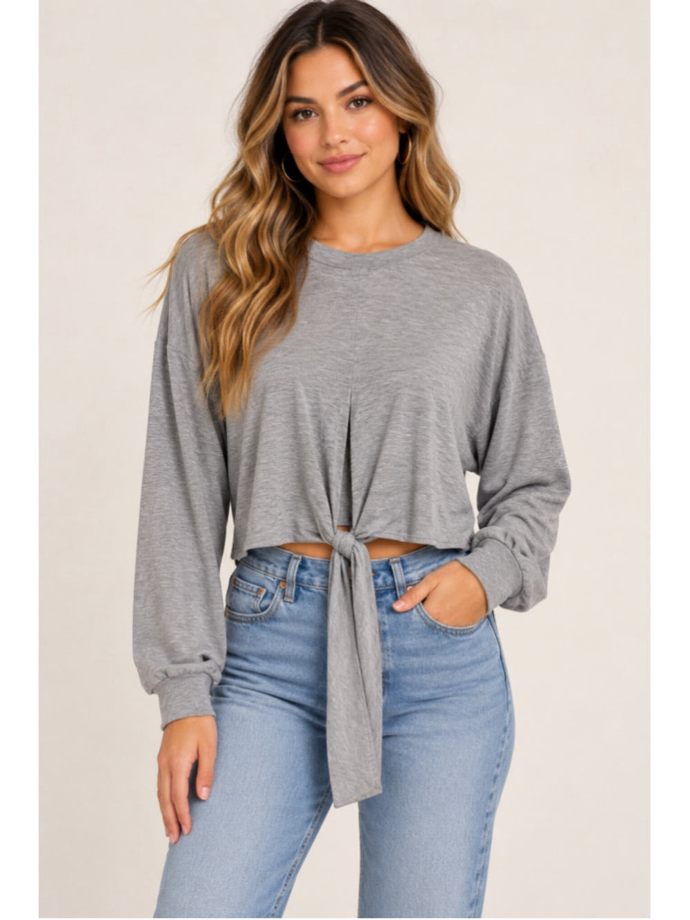 Women's Alo Yoga Grey Long Sleeve Tie-Front Crop Sweatshirt Size S